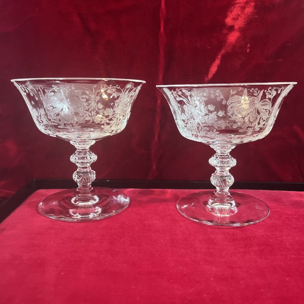 set of 2 Heisey‎ Etched glass Orchid sherbets Champagne goblets - Picture 3 of 8